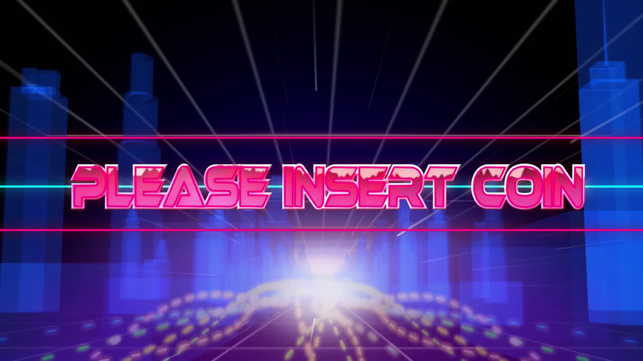 동전 텍스트를 빛 트레일과 검은색 배경에 디지털 도시 위에  ⁇ 입하십시오.