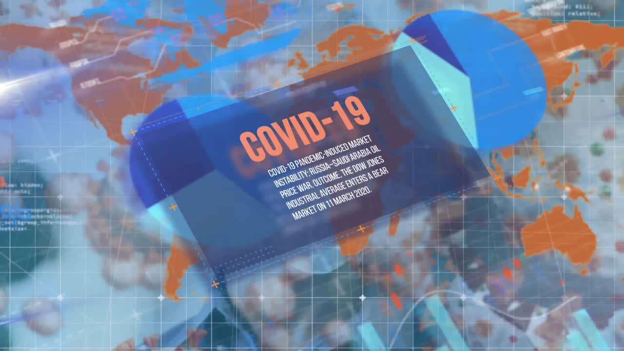 세계 지도 위의 코로나 19 데이터 처리 애니메이션과 얼굴 마스크를 입은 여성