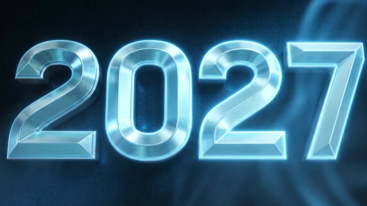 Grafica in movimento decorativa con il numero 2027 e tipografia metallica blu-argento