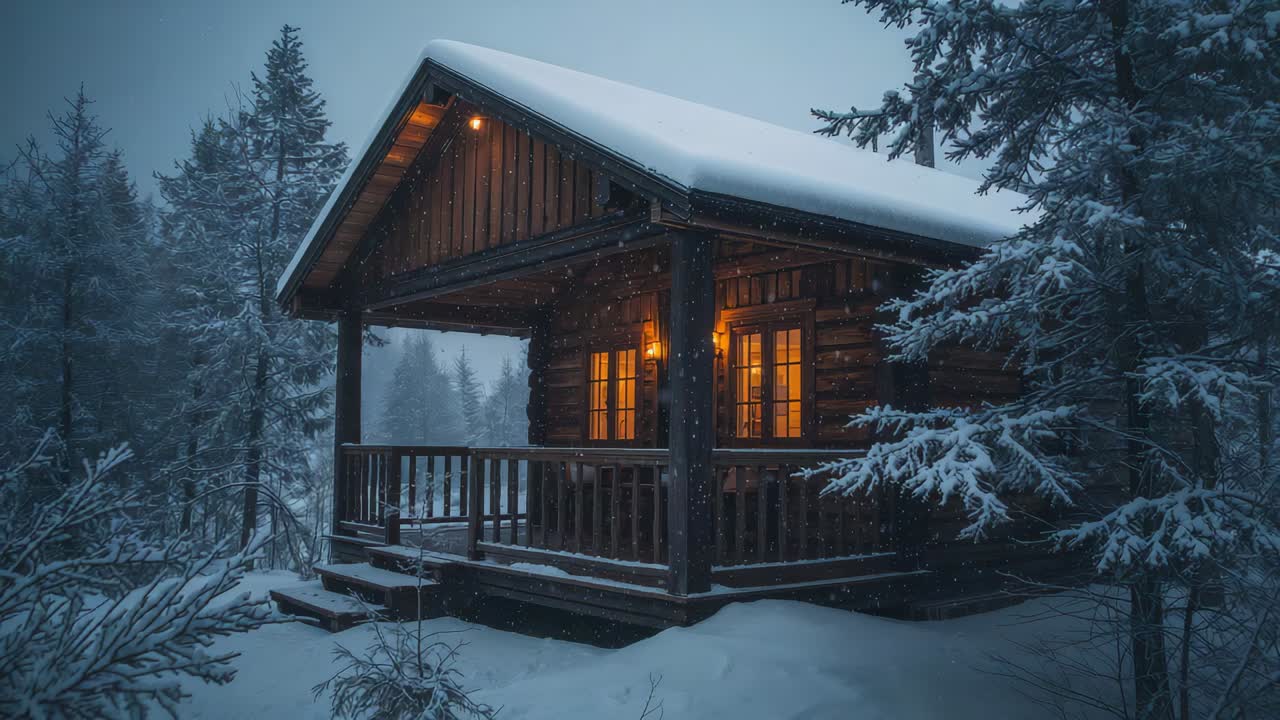 Työnnetään kameraa sisäänpäin, paljastaen hirsimökin iltahämärässä korostaen lämmintä lyhdyn valoa lumisella kuistilla
