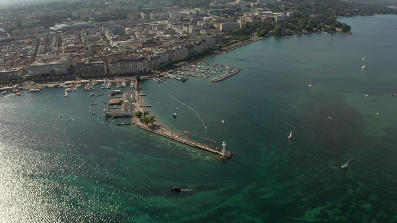 Circling aerial shot of the Phare des P&acirc;quis Geneva