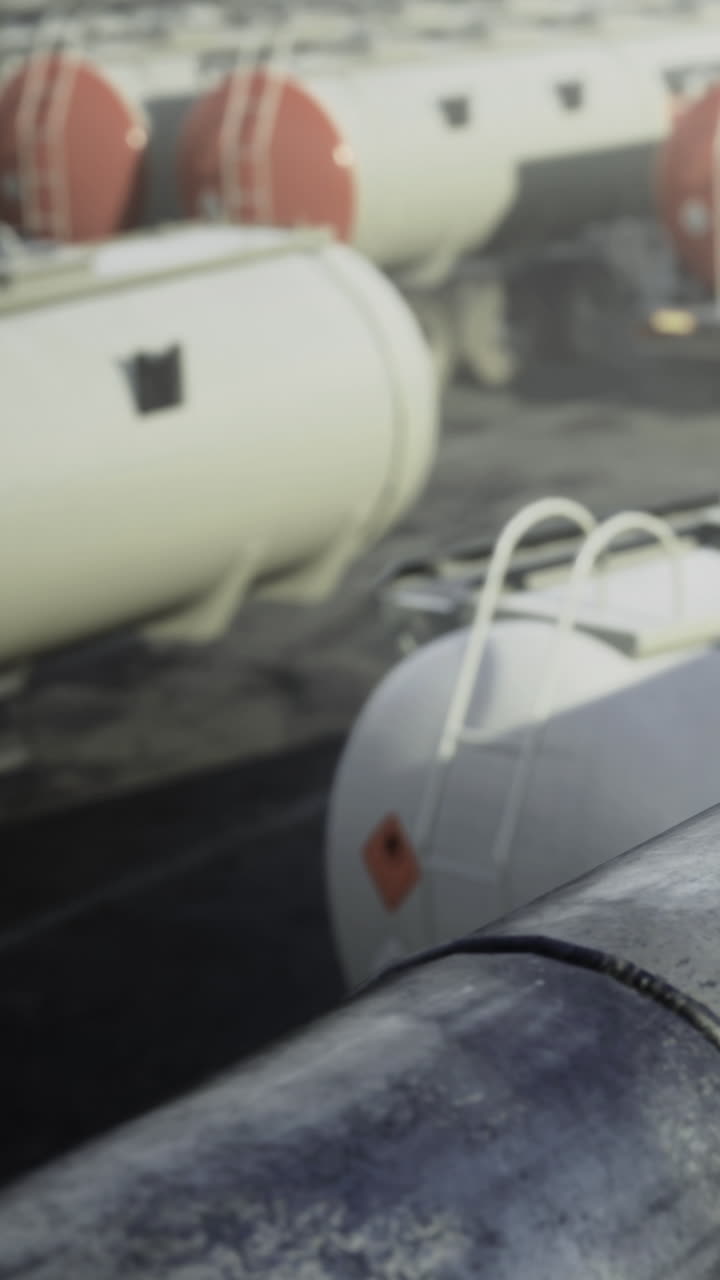 Tanques de carga em um pátio de transporte durante o dia, perto de docas com algumas máquinas.