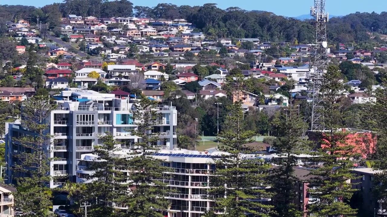 Staattinen laajakuva rannikon kerrostaloista ja norfolkinaraukaripuista Port Macquariessa, Australiassa.