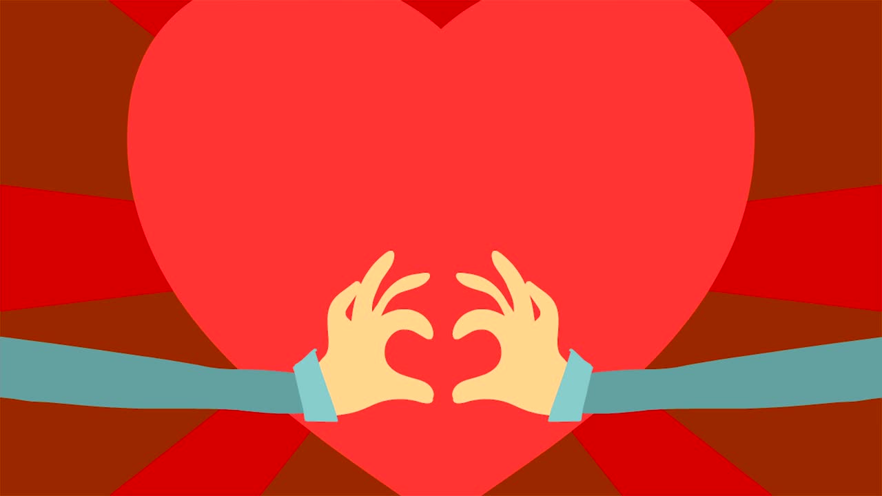 manos dibujadas y corazón rojo animado en el fondo