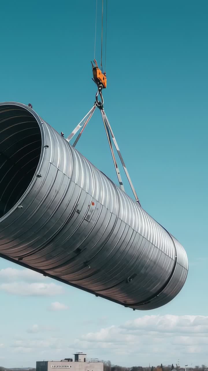 Video verticale: Carroponte in azione, gru che solleva un cilindro nervato sopra i tetti con imbracature per il posizionamento.