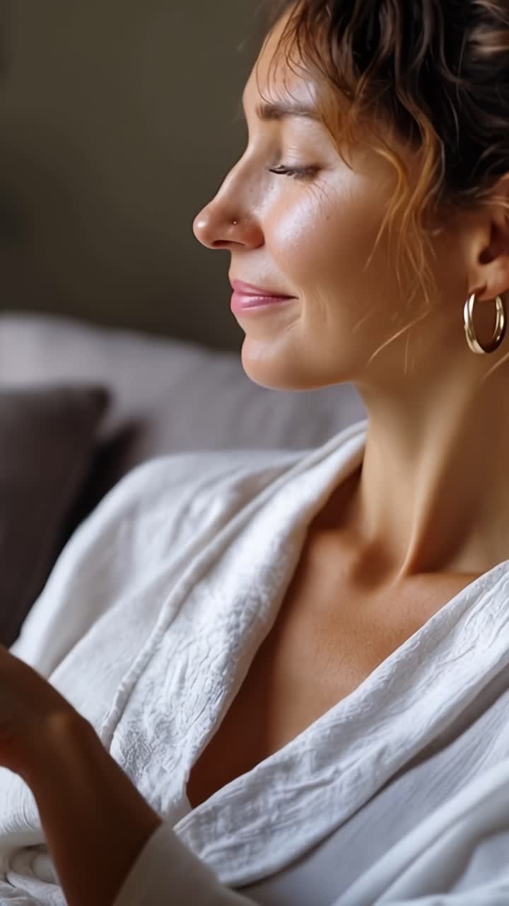 Momenti contemplativi: una donna serena che legge mentre si rilassa in un ambiente accogliente, catturando l'essenza della tranquillità e dell'autoriflessione nella vita di tutti i giorni.