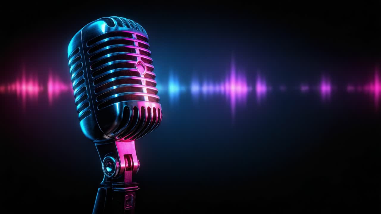 A Stunning Close-Up of a Retro Microphone with Colorful Sound Waves in the Background, Perfectly Capturing the Essence of Music and Performance Life