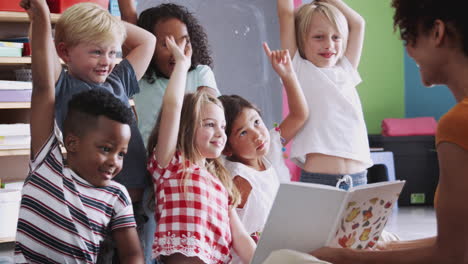 elementary pupils raising hands to answer question as female teacher reads story in classroom