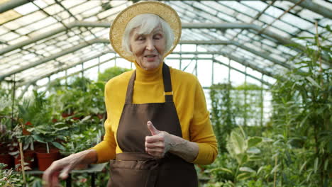 senior woman in greenhouse with succulent