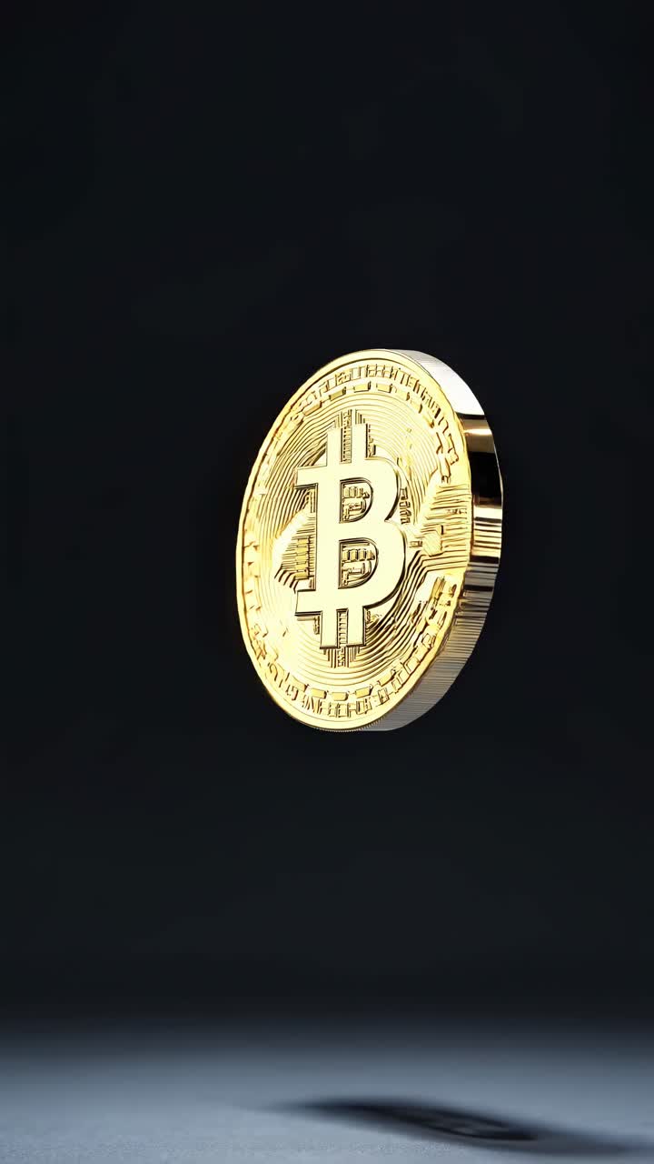 A 3D-rendered Bitcoin coin floating against a dark background, captured from a low-angle