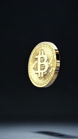 a 3d-rendered bitcoin coin floating against a dark background, captured from a low-angle
