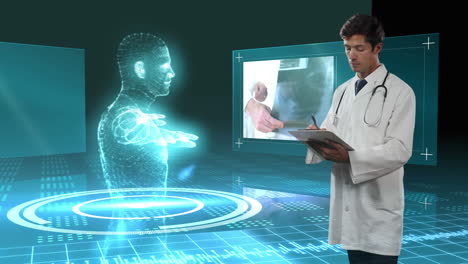 animation of a doctor writing on a file of papers over a 3d human body model in the background.