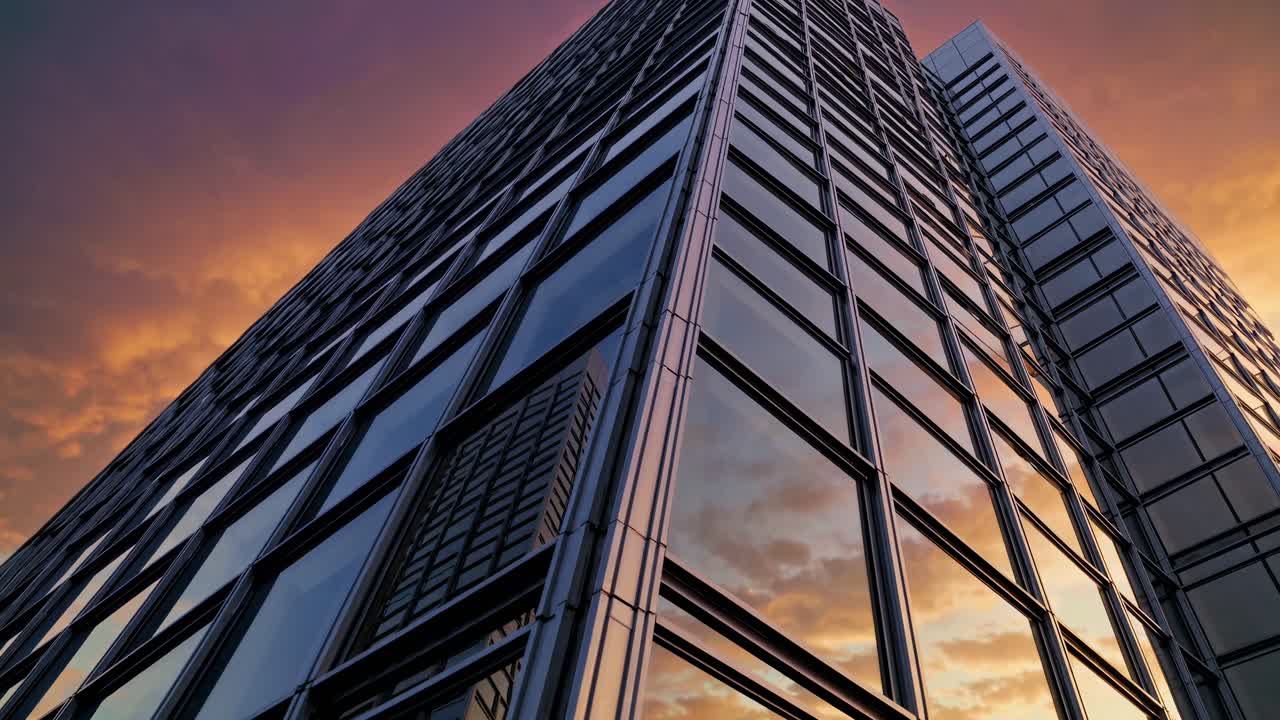 Plano en ángulo bajo de un moderno rascacielos de cristal que refleja una puesta de sol vibrante, creando un componente visual dinámico