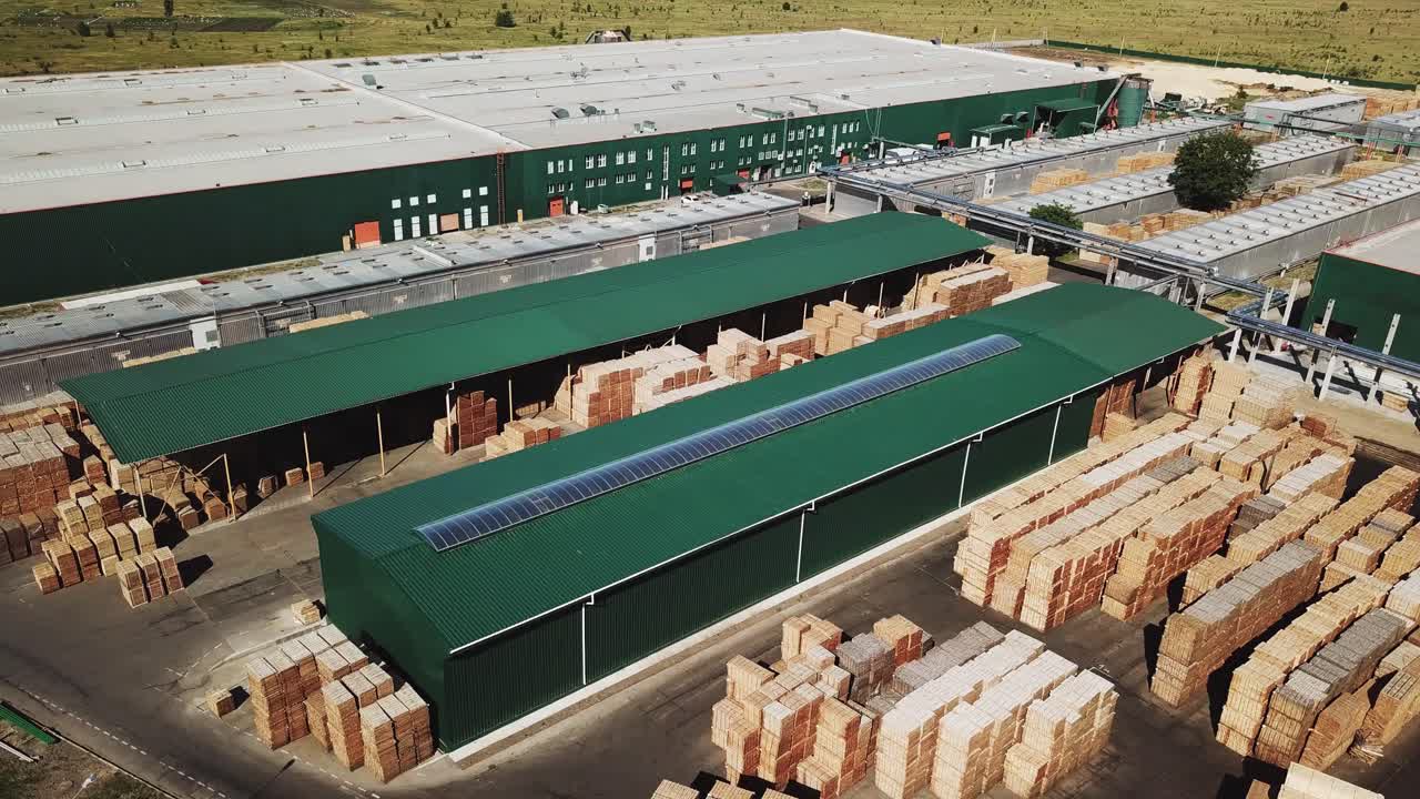aerial view of a parquet board manufacturing plant. Warehouse of parquet board. Factory production capacity