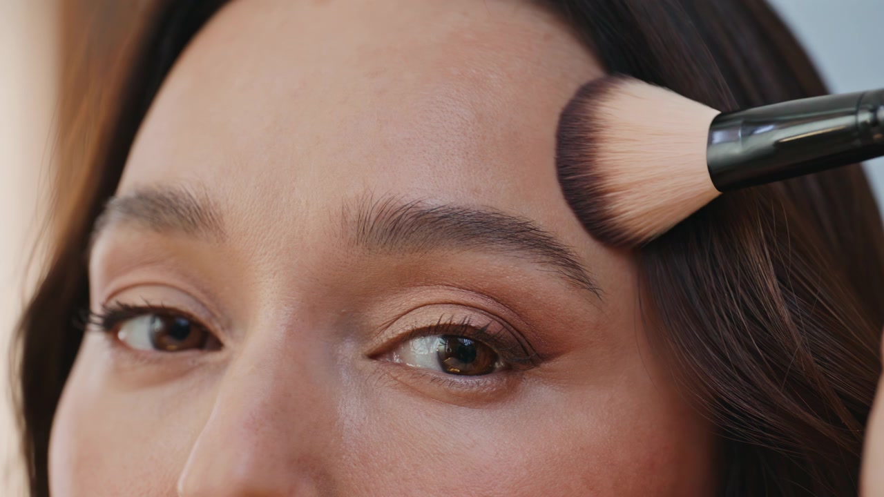 Portrait lady applying powder using makeup brush. Woman perfecting smooth skin