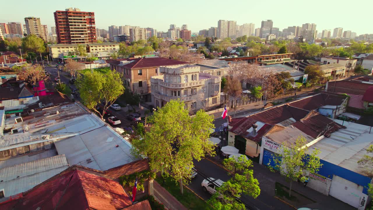 Aerial view establishing the residential neighborhood of Santa Isabel in the commune of Providencia, Santiago Chile