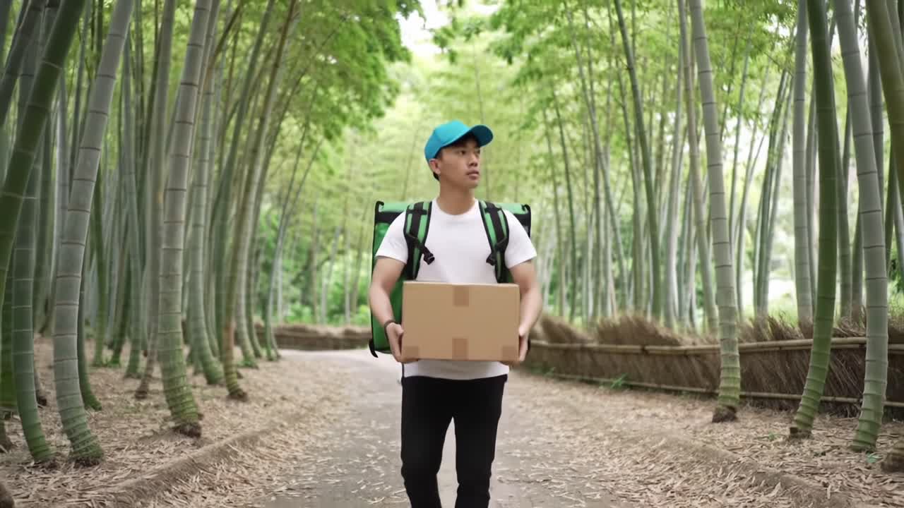 Delivery in Tranquil Bamboo Grove: A Step Towards Sustainable Urban Logistics Amid Nature's Serenity and Green Ambiance