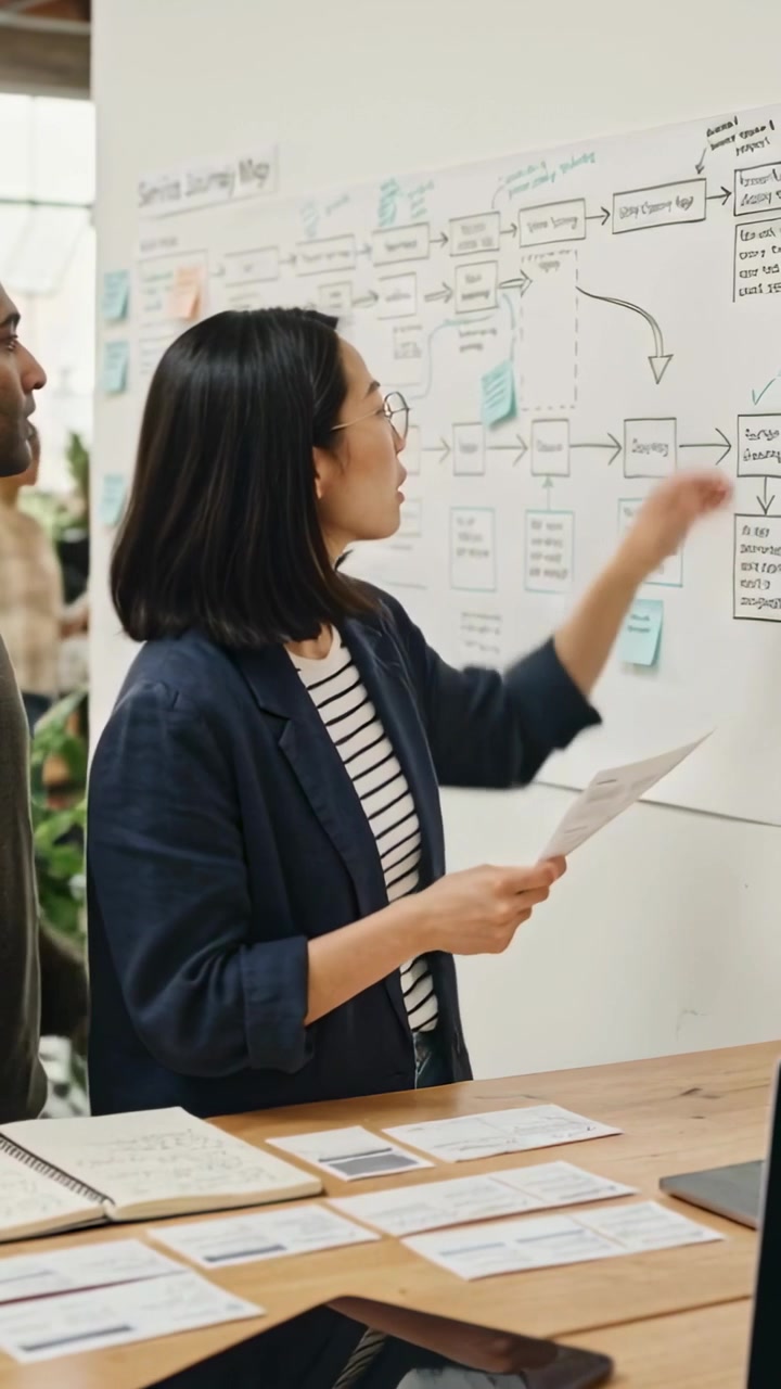 Vertical video: Leading Asian woman wearing blazer holding brief, showing workflow at office board
