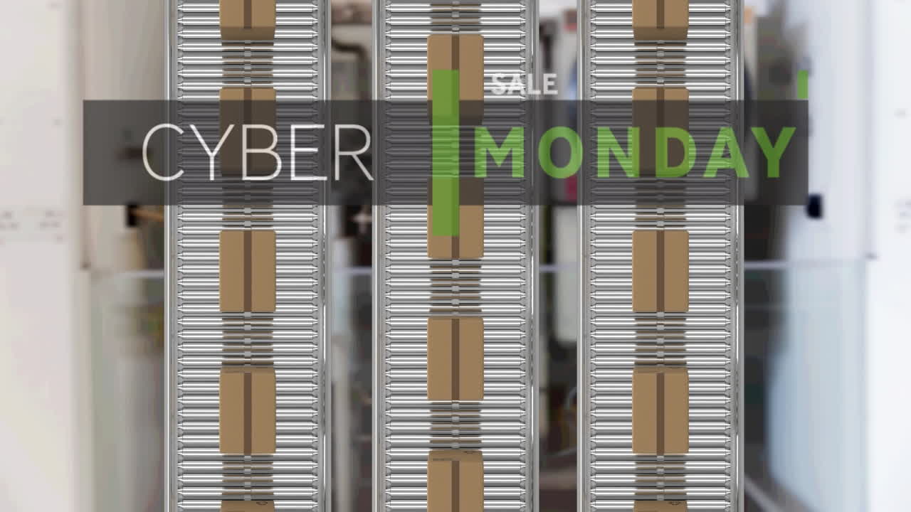 Animation of cyber monday sale text over cardboard boxes on conveyor belts