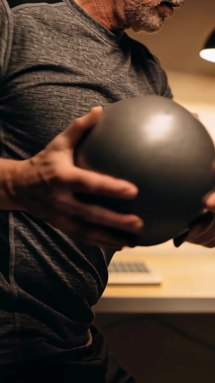 Vertikální video: Starší muž ve sportovním tričku začíná doma s rehabilitací, otáčí se a zvedá šedý medicinbal.