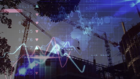 animation of financial data processing over construction site