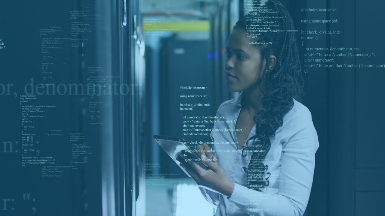 Animation of data processing against african american female engineer using tablet at server room