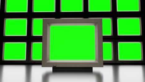 set of retro tvs with green screen in dark studio