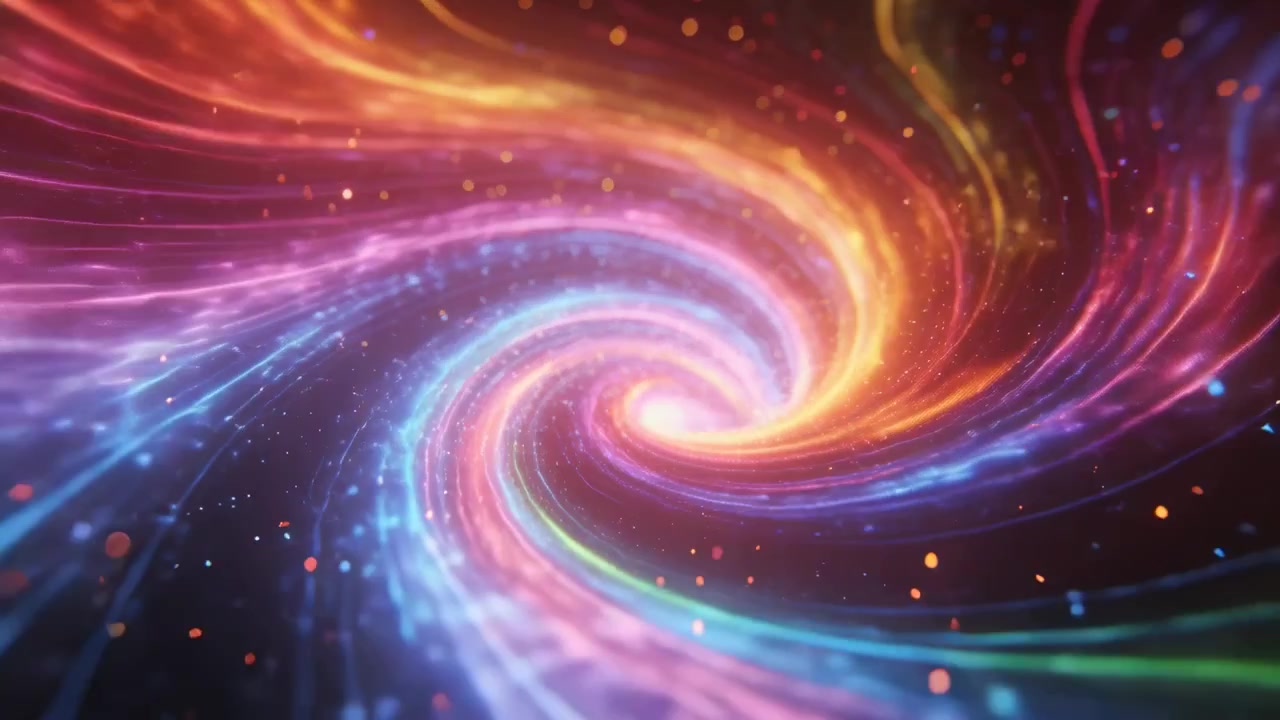 Playing spiral vortex rotating clockwise in cosmic void showing glowing core, gold bands, particles