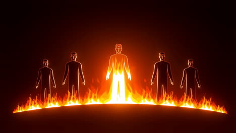figures standing on a line of fire with a central glowing figure