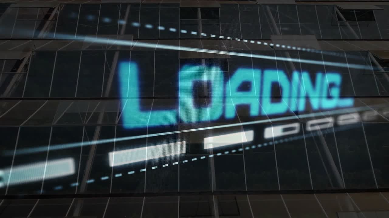 'LO' appearing left initiating LOADING holo sliding right on facade, pulsing bar showing progress
