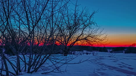 cielo de color rojo durante la puesta de sol en el horizonte durante el frío día de nieve en la naturaleza - lapso de tiempo