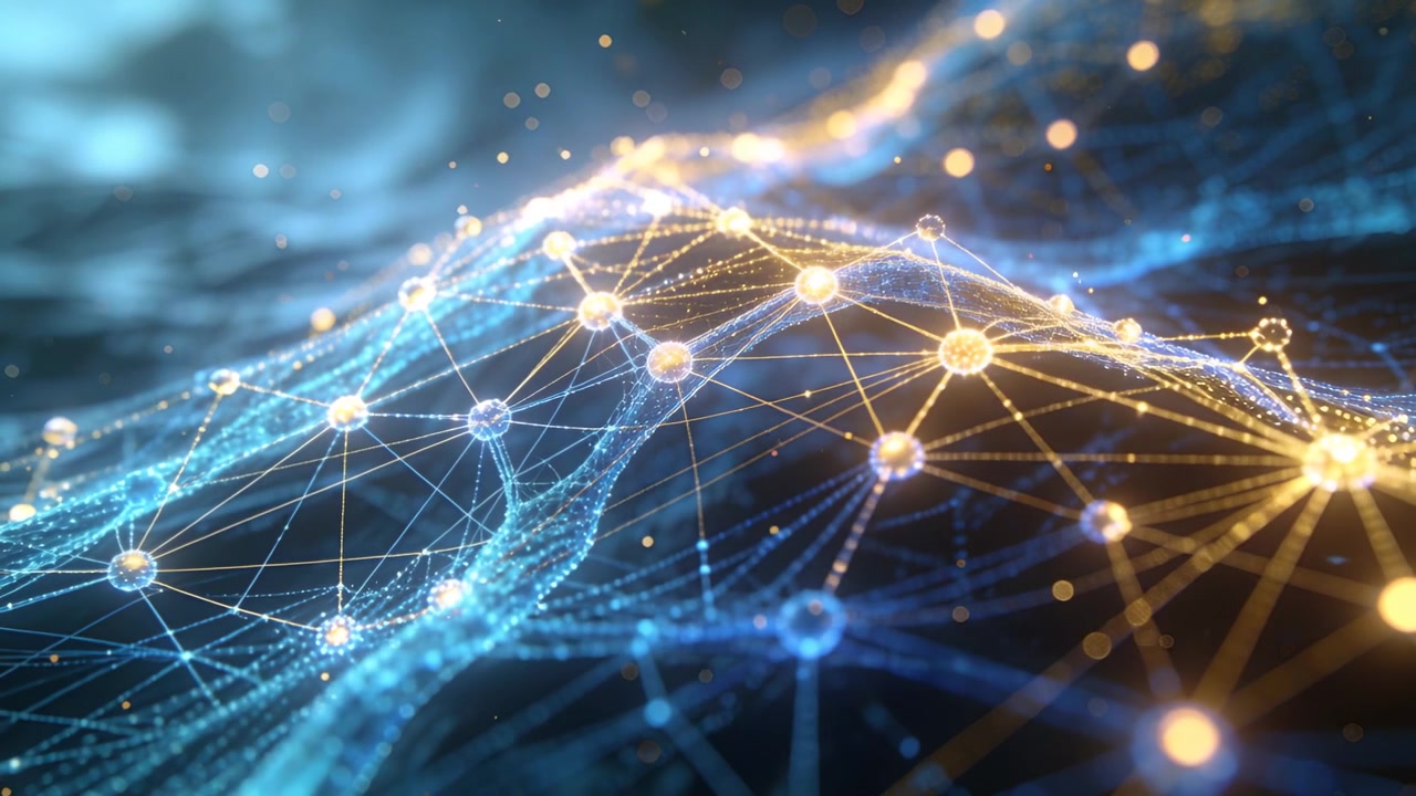 Moving camera showing 3D mesh in data space, pulsing along strands, golden nodes drifting particles