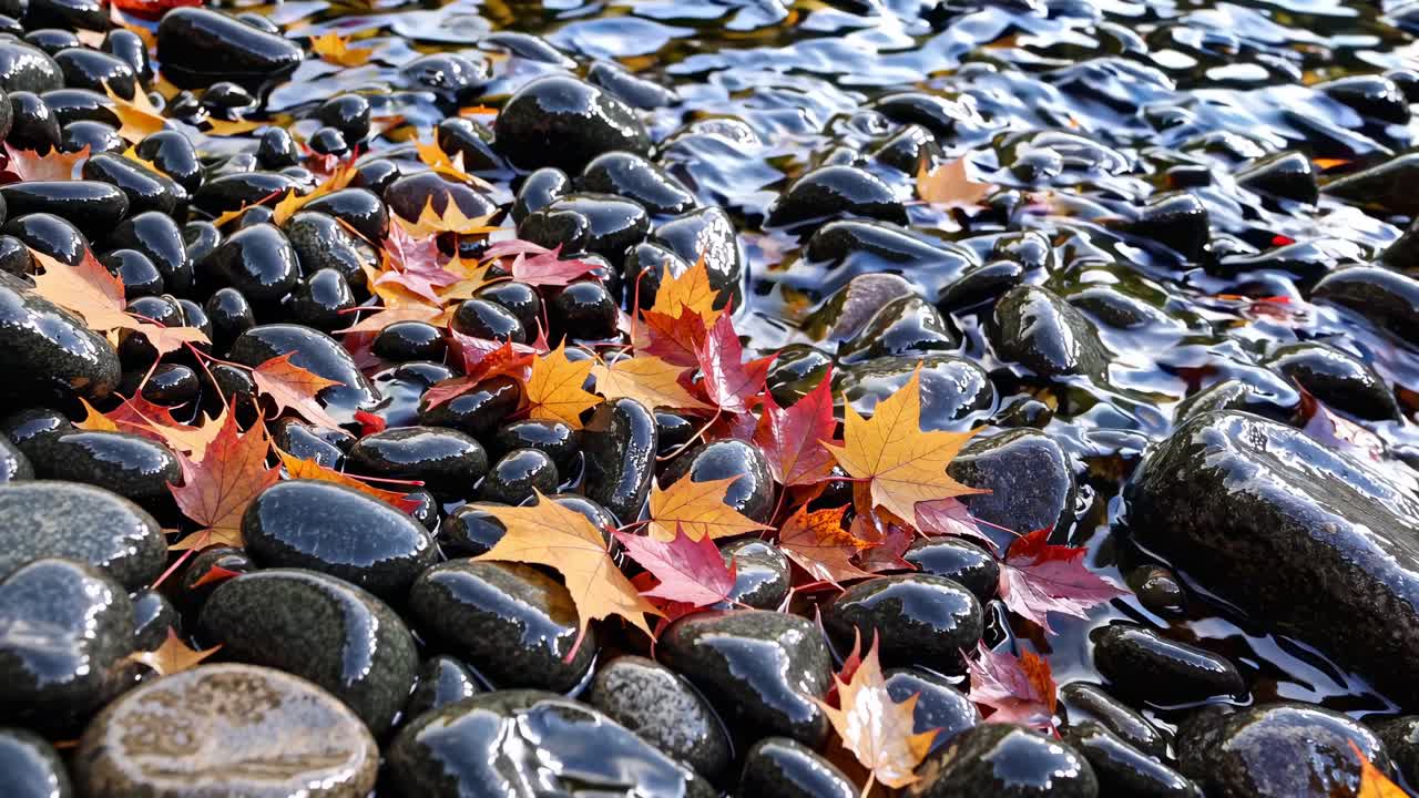 Close-up video angle of vibrant autumn leaves on wet stones by a rippling stream
