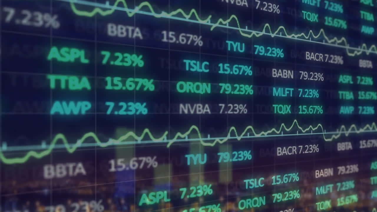 Animazione dell'elaborazione di dati finanziari su un paesaggio urbano