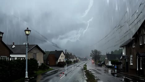 heavy rain and lightning storm in a small town