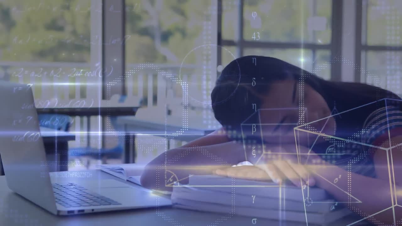 수학적 공식의 애니메이션 잠자는 백인 여성 학생