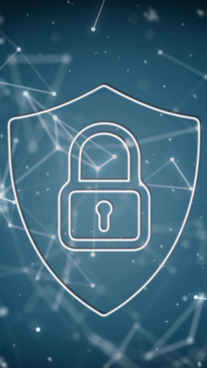 Animation of network of connections floating over security padlock icon on blue gradient background