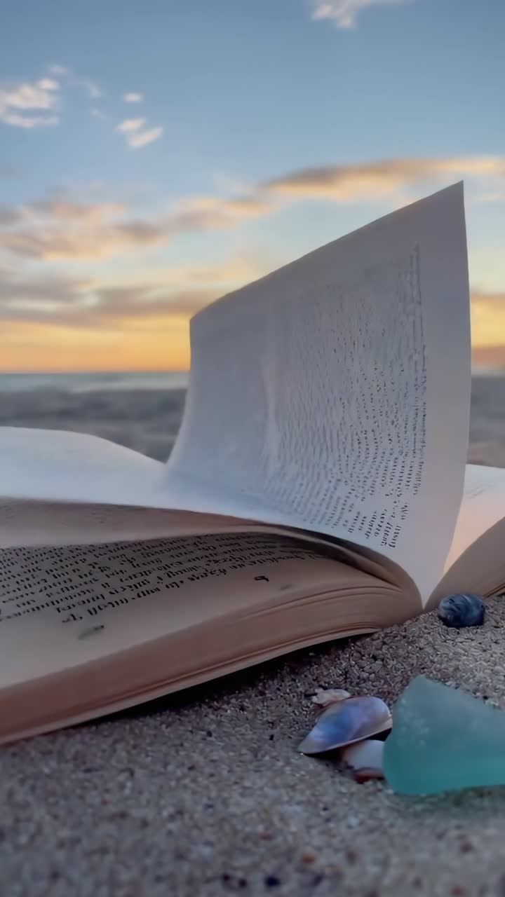 Video con angolazione dal basso di un libro aperto su una spiaggia sabbiosa al tramonto, che cattura le serene vibrazioni costiere, Live