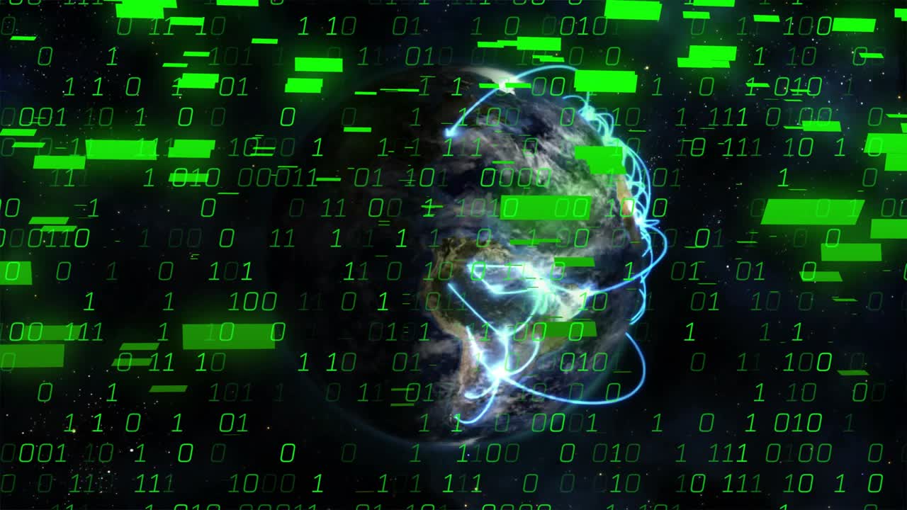 Blue arc appearing right starting network around textured Earth, linking nodes, showing data flow