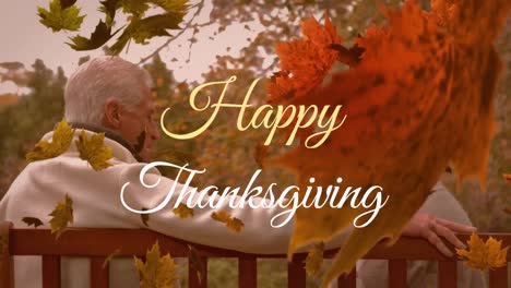 Animation-of-thanksgiving-text,-autumn-leaves-falling-over-caucasian-senior-couple-sitting-in-a-park