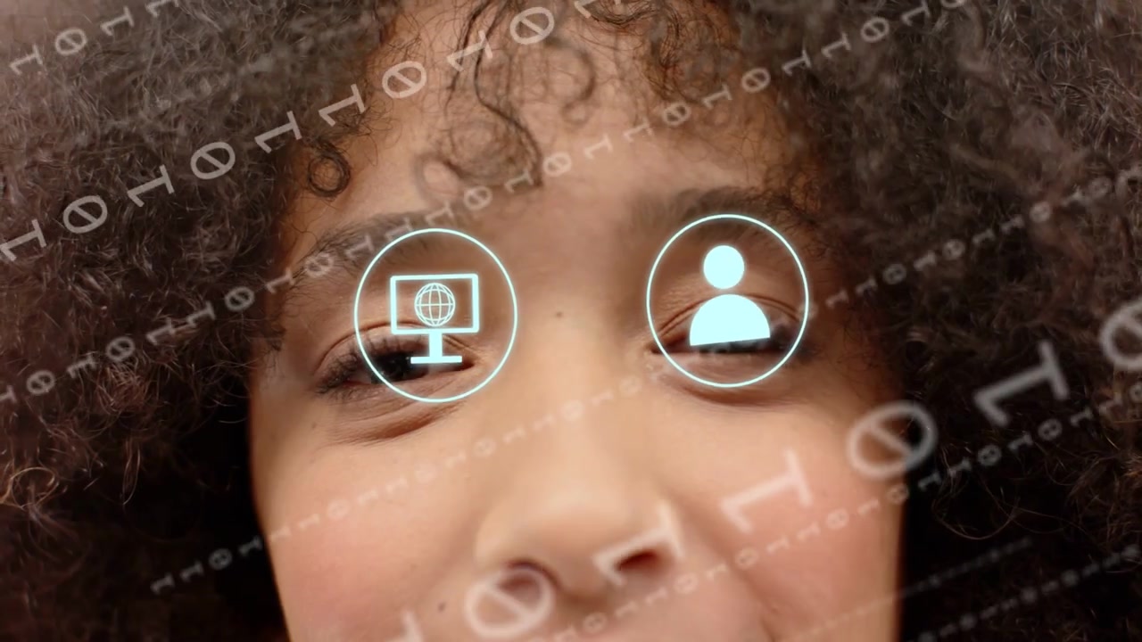 Woman opening eyes while binary streams appearing and spawning icons over eyes, tech revealing face