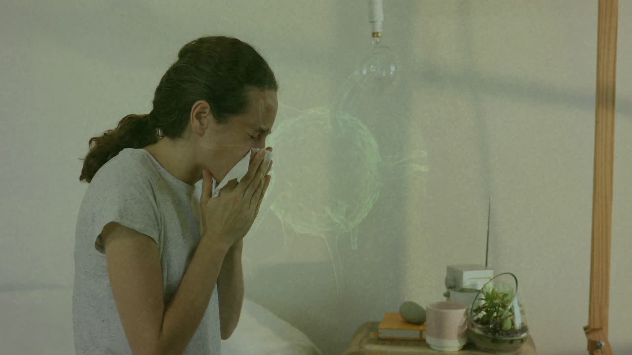 코로나바이러스 세포가 여자의 코를  ⁇ 고 날아갑니다.