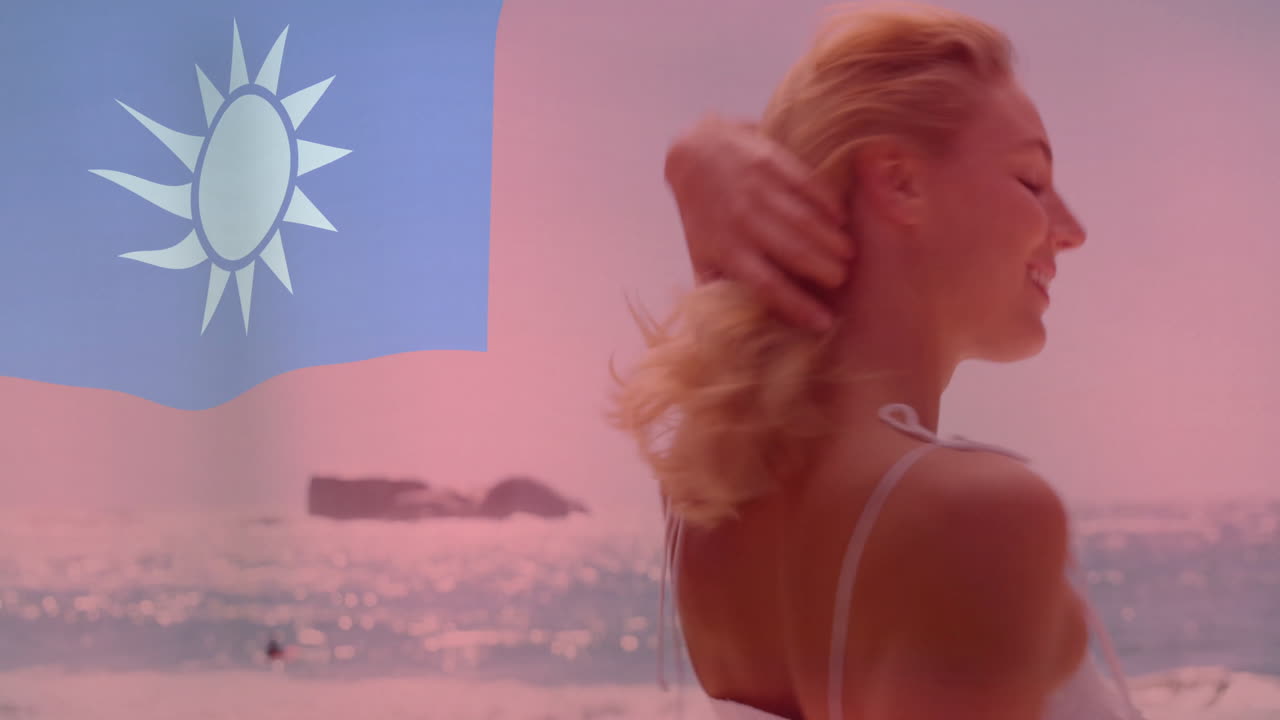 바다를 배경으로 해변을 즐기는 여성 위에 타이완 발 애니메이션