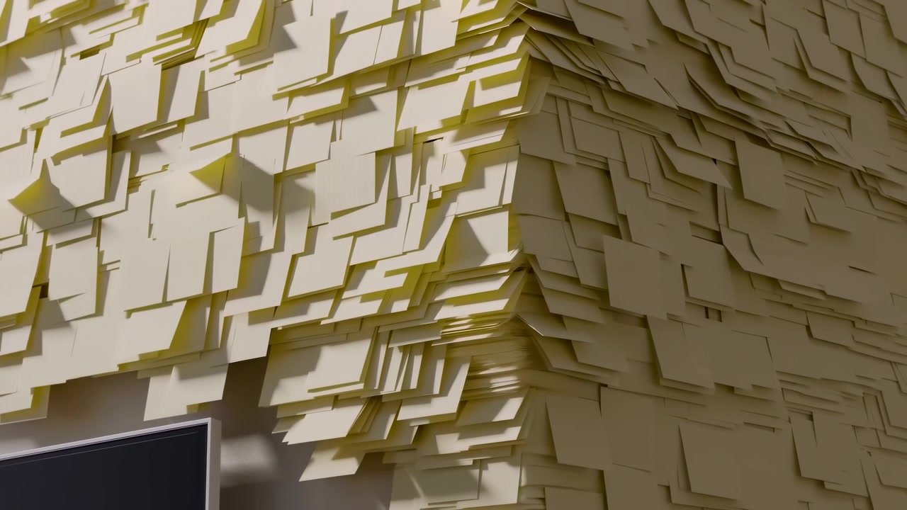 Hustá abstraktní textura vnitřní stěny z vrstvených béžových a krémových panelů podobných papíru, ostré geometrické hrany, teplé směrové světlo, hluboký kontrast stínů a částečný tmavý okraj vlevo dole