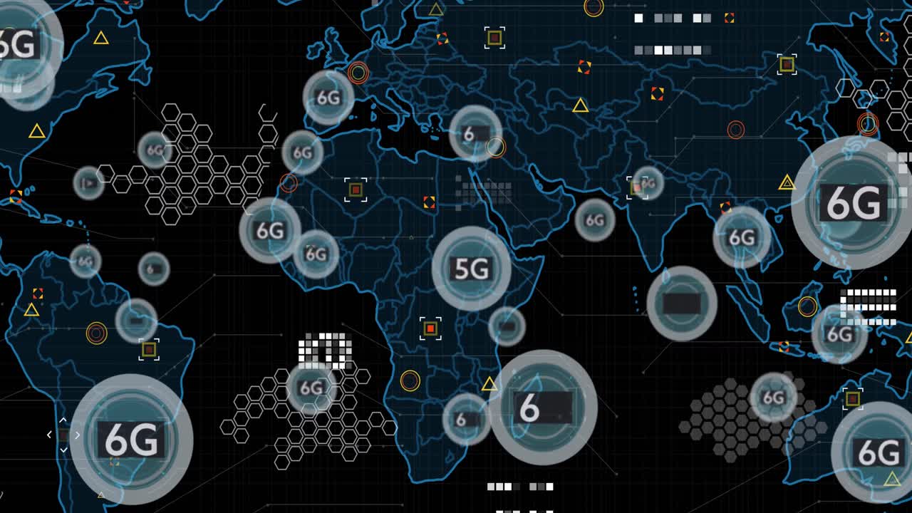 Animation of 5g and 6g text banners floating over world map against black background