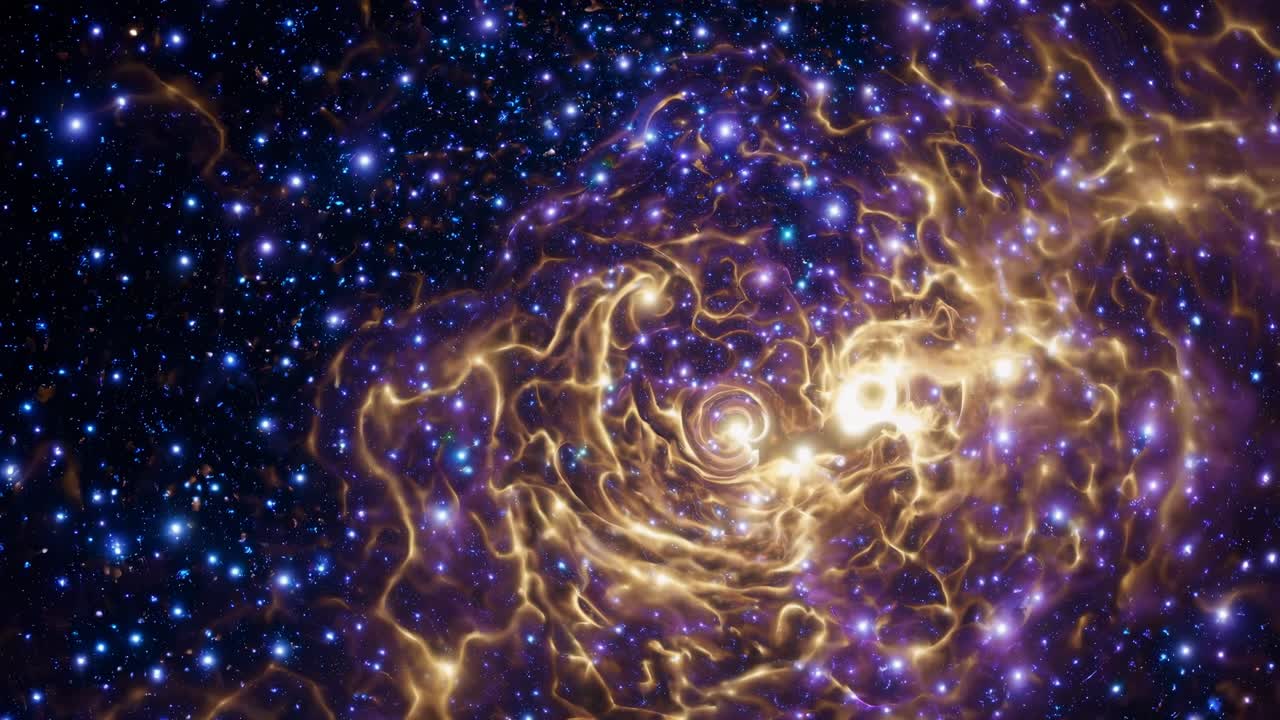 A cosmic video scene with swirling golden nebulae and stars, captured from a top-down angle