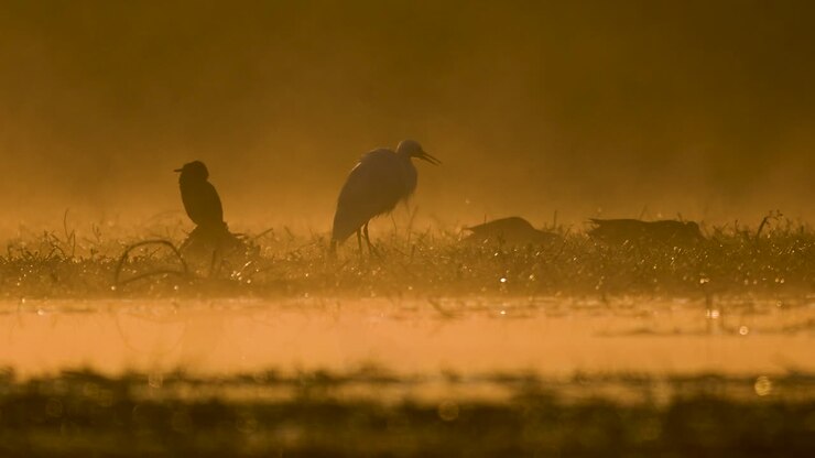 Peaceful misty morning highlights egret and ducks in natural harmony