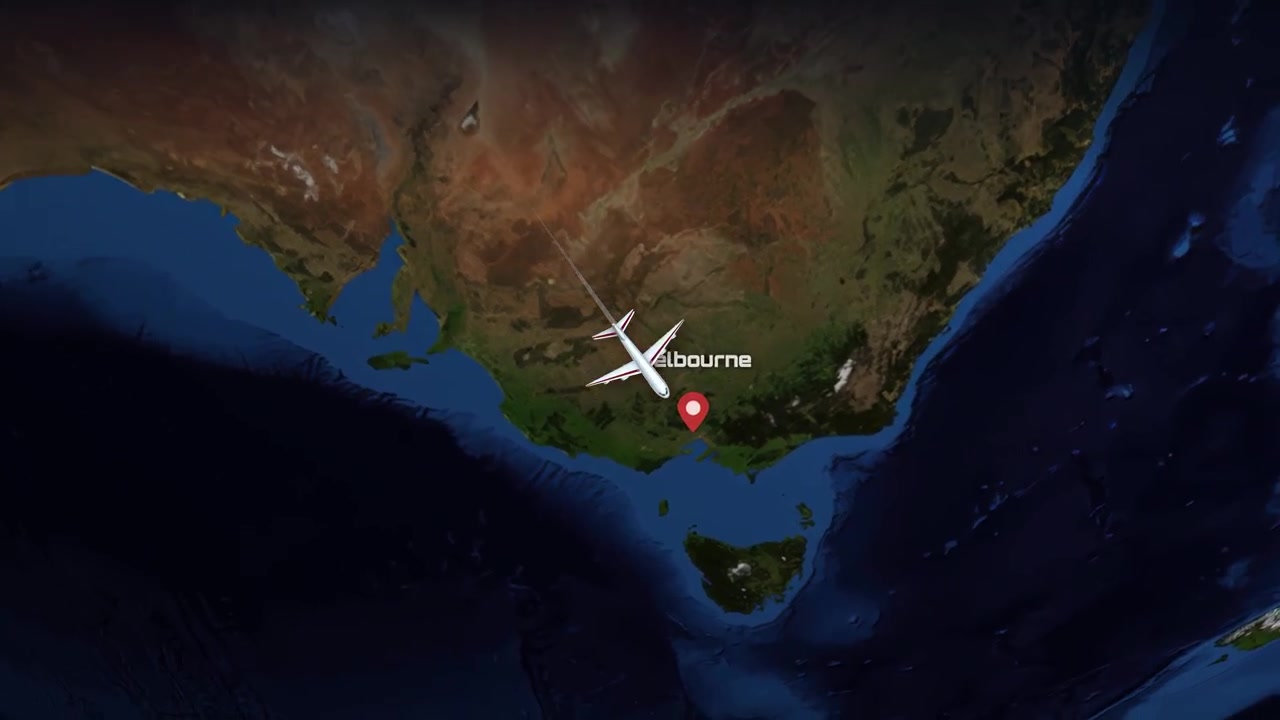 Satellite map animation tracks a commercial airplane flying from Guangzhou, China to Melbourne, Australia