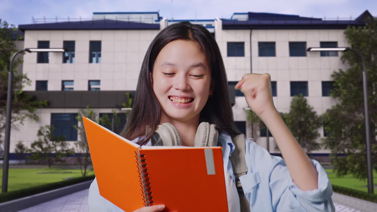 배을 들고 있는 아시아 십대 소녀 학생이 책을 읽고 비명을 지르며 학교 건물 앞에서 성공적인 학습을 축하하고 있습니다.