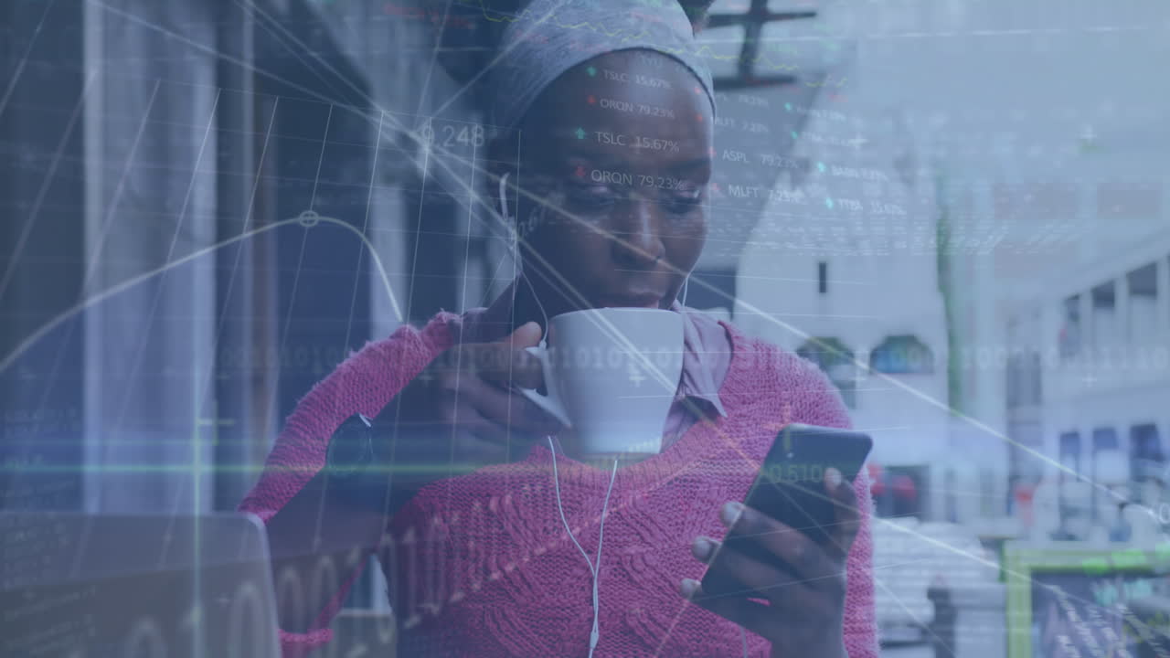 Animation of trading boards, binary codes, computer language, african american woman using cellphone